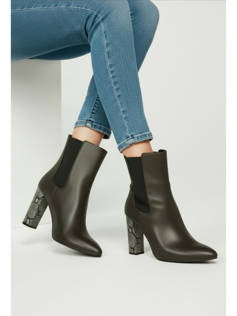 Snakeskin Heel Ankle Boots With Side Zipper & Stretch Panel In Dark Taupe & Blac